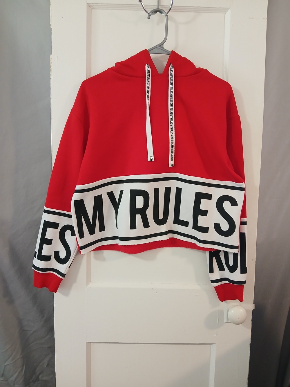 Red Graphic 'My Rules' Cropped Hoodie Vest